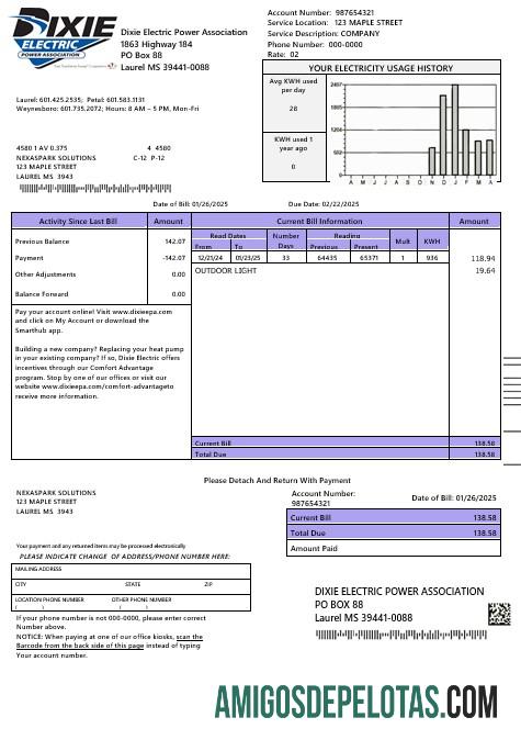 Para baixar modelo de conta de serviços públicos da Dixie Electric nos EUA, Mississipi, em formatos Word e PDF